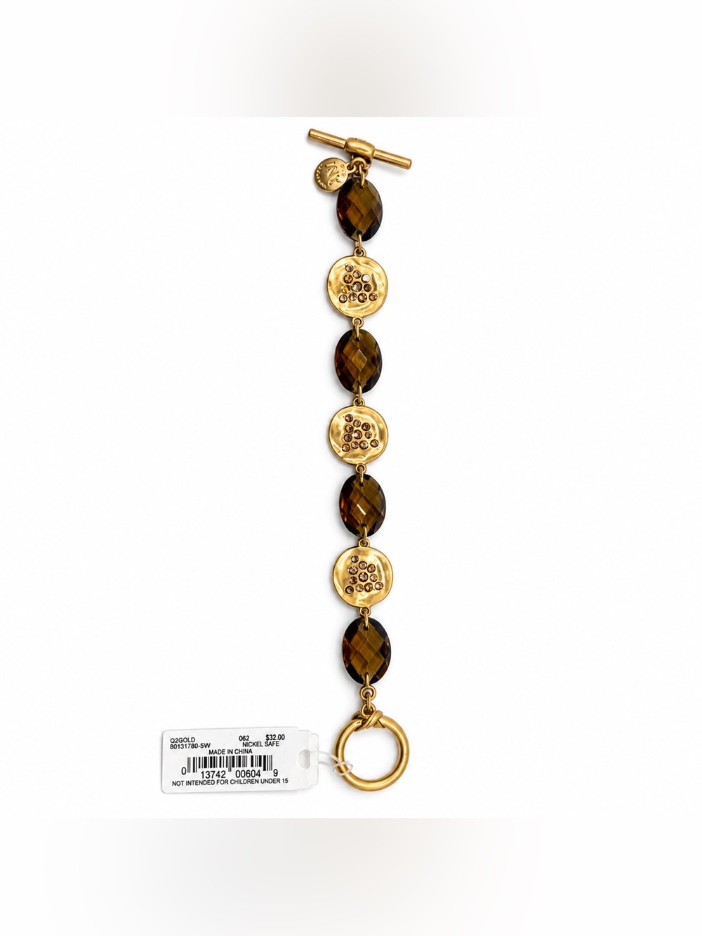 Jones NY Gold Tone Toggle Bracelet Brown Faceted Crystal Beads Hammered Disc